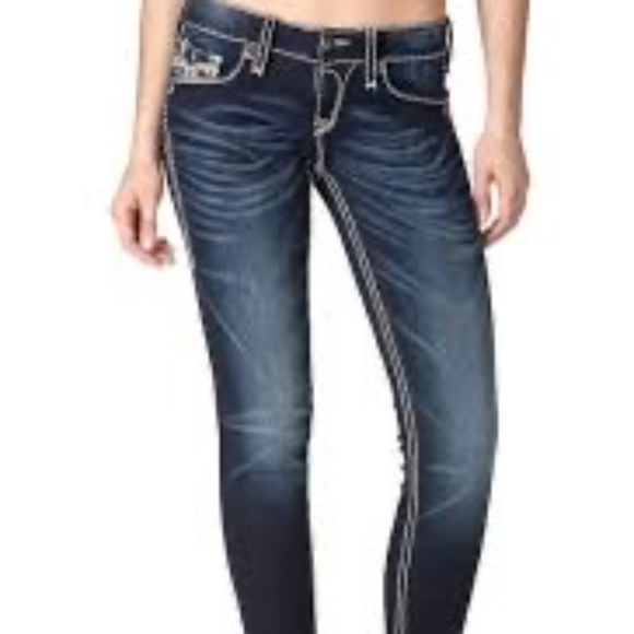 Rock Revival Sharon Skinny Jeans Dark Wash Distressed Embroidered Size 27 - Picture 1 of 12